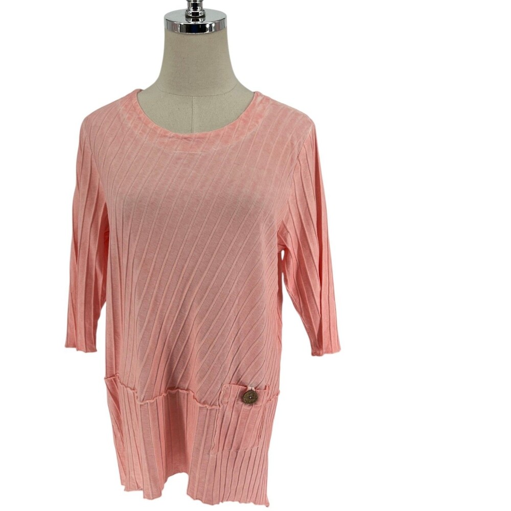 Focus Casual Life Top Womens Size Small Ribbed Tunic Raw Hem Lagenlook Pink